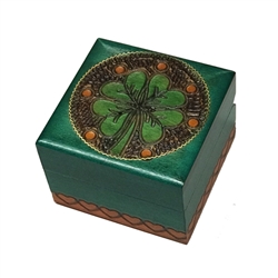 Four Leaf Clover Polish Box. This Irish green box features a Four Leaf Clover inside a metal inlaid circle with red circles for accent. Entire design is hand-carved.