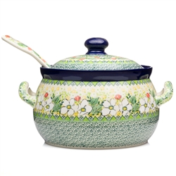 Polish Pottery 11" Soup Tureen with Ladle. Hand made in Poland. Pattern U4813 designed by Maria Starzyk.