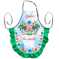 Just what every Polish chef needs: A vibrant green trim kitchen apron, with the words Cheers and Na Zdrowie (To Your Health) printed in red on the front panel.