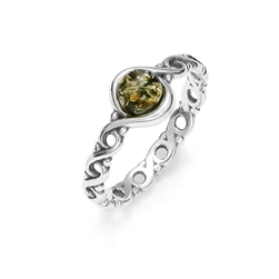 Petite size green amber set in a braided design band of sterling silver.