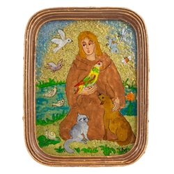 Painting on glass is an art technique by which the artist paints a picture on the reverse side of a glass surface. Magdalena Hniedziewicz specializes in religious themes and in particular the Madonna Saints. Here our artist has painted St Francis as a you