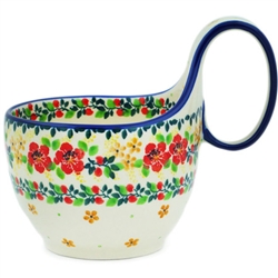 Polish Pottery 14 oz. Soup Bowl with Handle. Hand made in Poland and artist initialed.