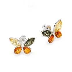 Baltic amber in three colors make up the wings of these beautiful sterling silver stud earrings. Size is approx 0.6" x 0.5".