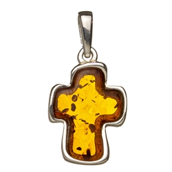 Artistic sterling silver cross with Baltic Amber detail. Size is approx 1" x 0.5"