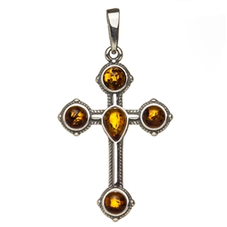 Sterling silver cross highlighted with Baltic Amber  Size is approx 1.5" x 0.75"