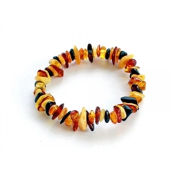 Small Multi-Color Amber Chip Bracelet. Cherry, cognac, and butterscotch amber chips are set on an elastic string. Genuine Baltic amber. Size is approx 7" before stretch.