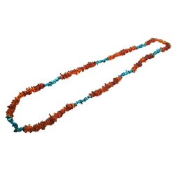 Cognac amber and turquoise chips set on a string. 26&#8243; long necklace. Finished with a screw clasp.