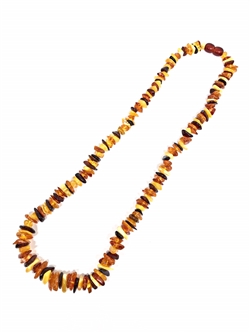 Multi-Color Amber Bead Necklace. Cognac, cherry, lemon, and butterscotch amber beads set on a durable string, finished with a screw clasp. The necklace is 22â€³ long.