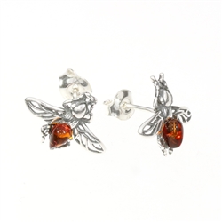 Cognac Amber Sterling Silver Bee Stud Earrings. Tear drop shaped amber stones set in .925 sterling silver. Genuine Baltic amber. Size is approx 0.6" x 0.5".