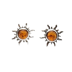 Cognac Amber .925 Silver Sun Stud Earrings 0.5" diameter