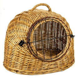 Small animal carrier made by hand of natural Polish wicker. Basket colorations can vary. Approx exterior size 17 H" x 19 L" x 19" W ( Opening approx 9" x 9") . Approx interior size 13" H x 18" L x 14" W