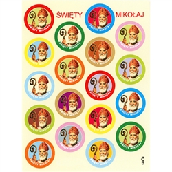 Set of 18 Sw. Mikolaj (St Nicholas) Christmas stickers. Sheet size is 6.25" x 4.5"