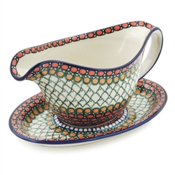 Polish Pottery 20 oz. Gravy Boat two piece set. Hand made in Poland. Pattern U81 designed by Teresa Liana.