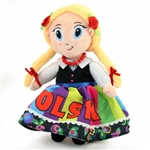 A plush toy Lowiczanka girl, dressed in a traditional Krakow costume. Has Polksa on the skirt.
The material is soft and pleasant to the touch. Blend of cotton and polyester. Size is approx 10" x 6". For Children 3 and up. Necklace contains small beads.