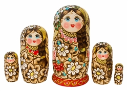 This intricate hand painted and wood burned doll is guaranteed to please. She features marvelous 3D details and bright floral colors. Her kind face and delicate details make for a one of a kind doll. Any Matryoshka collector would be pleased to have her
