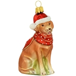 Yellow Lab With Santa Hat  Glass Ornament 3.5"