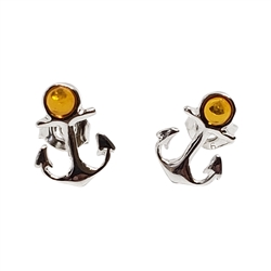 Cognac Amber Sterling Silver Anchor Stud Earrings. Round-shaped amber stones set in .925 sterling silver. Genuine Baltic amber. Size is approx 0.4" diameter.