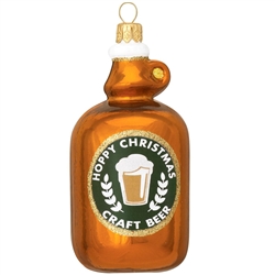 Artfully hand-crafted of glass exclusively for Bronner's from Poland with vibrant glazes and shimmering glitter accents, our 4" tall beer growler ornament features a decorative label with a glass of beer and the sentiment HOPPY CHRISTMAS CRAFT BEER! This