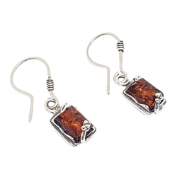 Cognac Amber Sterling Silver  Earrings On Hooks. Rectangle-shape amber stones set in .925 sterling silver. Genuine Baltic amber.  Size is approx 1" x 0.25".