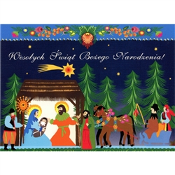 A beautiful glossy Christmas card featuring the Holy Family with villagers in Polish Lowicz folk custumes coming to visit by sleigh.
