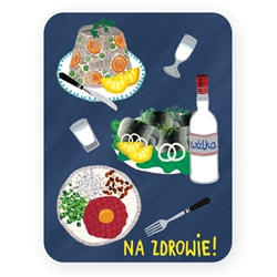 This magnet is about the size of a business card, is non-flexible with a strong magnet. Cheers! to celebrate this delicious aray of Polish favorites: herring, beef tatar, galaretki and vodka!