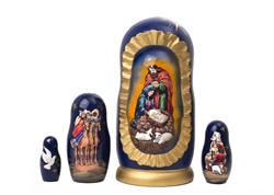 The timeless text of the world's most famous Christmas carol is beautifully illustrated on this most original Russian nesting doll. The Silent Night of Christ's birth is depicted on the second doll in the set, but visible through an opening cut in the