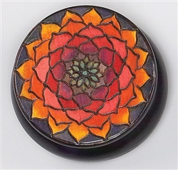 Polish Art Center - This round box features a Bryon Allen design with a colorful lotus pattern.  Handmade in the Tatra Mountain region of Poland.. Size approx 5" x 2.25".