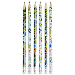 Beautiful folk designs. Perfect for gifts. Standard No.2 pencil with eraser.
7.5" long. Some sets contain 3 black erasers.