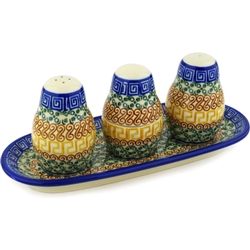 Polish Pottery Salt, Pepper, Toothpick Set. Hand made in Poland and artist initialed.