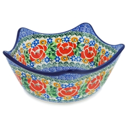 Polish Pottery 7" Bowl with Shaped Top. Hand made in Poland. Pattern U2197 designed by Maria Starzyk.