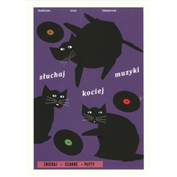 Post Card: Listen to Cat Music, Polish Poster designed by Jakub Zasada in 2017. It has now been turned into a post card size 4.75" x 6.75" - 12cm x 17cm.