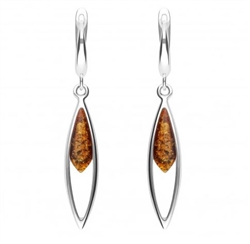 Cognac Amber Artistic Earrings. Size Approx 1.75" x 0.25". Sterling Silver with leverback hooks. Amber is soft, only slightly harder than talc, and should be treated with care.