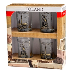 A set of four shot glasses decorated wit scenes from the city of Warsaw..The set is packed in a decorative and sturdy gift box featuring the Polish national colors, red and white. Hand Wash Only