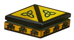 This unique, two-toned green box opens into two triangular compartments. Each lid is decorated with a trinity knot symbol, and the sides of the box feature a repeating shamrock design.  Size is approx 6" x 3.5" x 1.75" .  Perfect small container for holdi