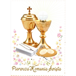 Polish First Communion Card - This card is beautifully embellished with shimmering detail around the chalice and on the flowers