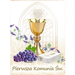 Polish First Communion Card - This card is beautifully embellished with shimmering detail around the chalice and on the flowers and grapes