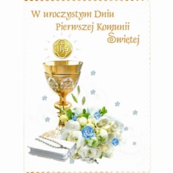 Polish First Communion Card - This card is beautifully embellished with shimmering detail around the chalice and on the flowers.