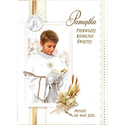 Polish First Communion Card - This card is beautifully embellished with shimmering detail appropriate for a boy.