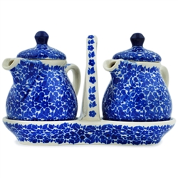 Polish Pottery 6" Oil and Vinegar Set. Hand made in Poland and artist initialed.