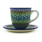 Polish Pottery 10 oz Cup with Saucer. Hand made in Poland. Pattern U151 designed by Maryla Iwicka.