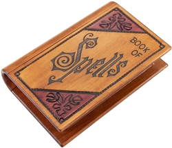 This trick box looks like a book, and has the text "Book of Spells" on its lid.  The trick is how to open the box.  You will know the secret.  Size is approx 7.75" x 5.75" x 1.75".