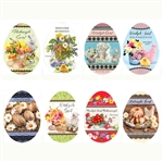 Set of 8 full color glossy Easter egg shaped cards with envelopes.  Polish text varies on each card.