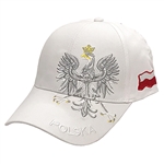 Stylish white cap with silver and white thread embroidery. The cap features a silver Polish Eagle with gold crown and talons. Features an adjustable cloth and metal tab in the back. Designed to fit most people.