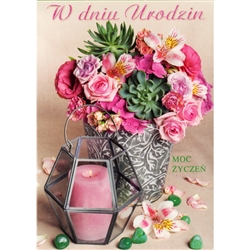High quality, thick stock was used to make this card. Text: W dniu Urodziny, green stones and flower pot details are dusted with glitter.