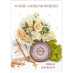 Polish First Communion Card - This card is beautifully embellished with shimmering detail on the rosary and on the flowers.