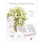 Polish First Communion Card - This card is beautifully embellished with shimmering detail on the rosary and on the flowers.