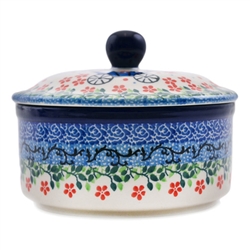 Polish Pottery 5" Round Butter Dish. Hand made in Poland and artist initialed.