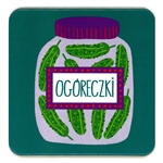 This cork backed coaster features a jar of ogoreczki (Polish Pickles). Coated with plastic for long wear and easy cleanup.