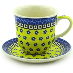 Polish Pottery 10 oz Cup with Saucer. Hand made in Poland and artist initialed.