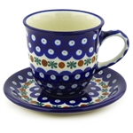 Polish Pottery 10 oz Cup with Saucer. Hand made in Poland and artist initialed.